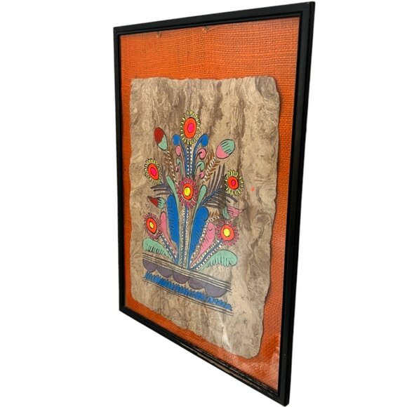 Vintage Mexican Amate Bark Painting – Floral Hand-Painted FOLK ART w/ Burlap Mat - Picture 11 of 16